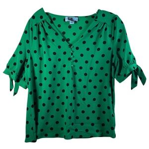 CeCe Women's Green Black‎ Polka Dot V-Neck Tie Sleeve Blouse Shirt Top Size S